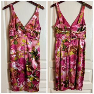 David Meister Pink & Green Floral Silk Sleeveless Empire Waist Dress Size 10
